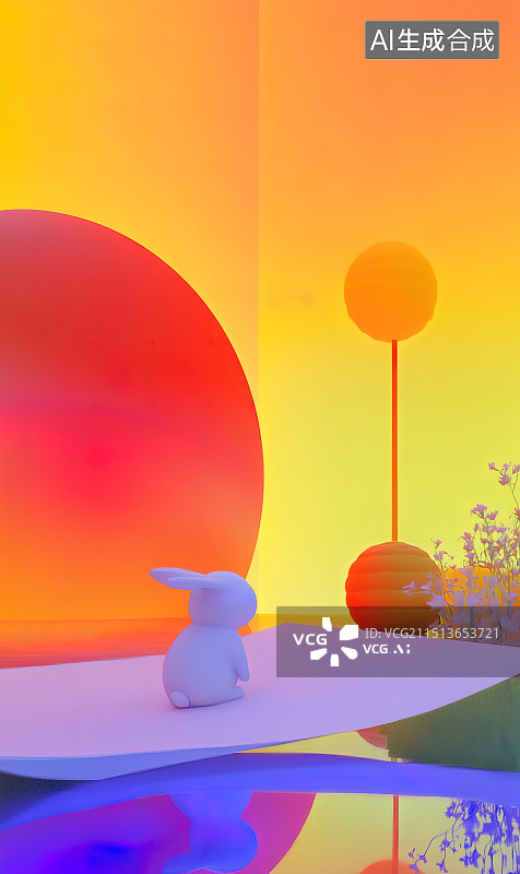 【AI数字艺术】一只可爱的卡通白兔在周围是中秋节的装饰品的手绘插图图片素材