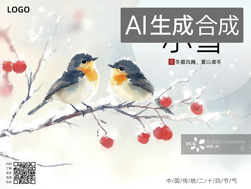 【AI数字艺术】二十四节气冬天小雪大雪国风插画，鸟儿站在雪中枝头图片素材