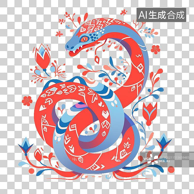 【AI数字艺术】十二生肖系列-蛇 版画插画 鲜花与蛇插画免扣元素图片素材