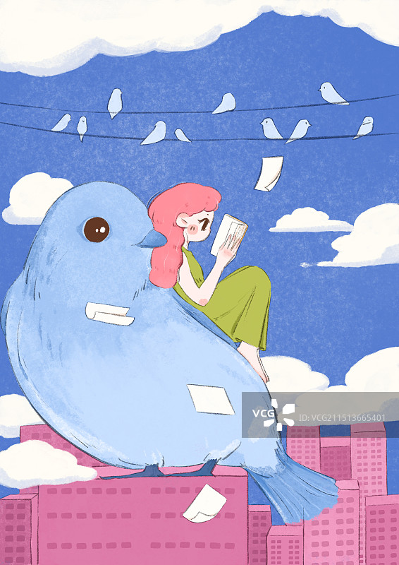 坐在鸽子上看书的少女图片素材
