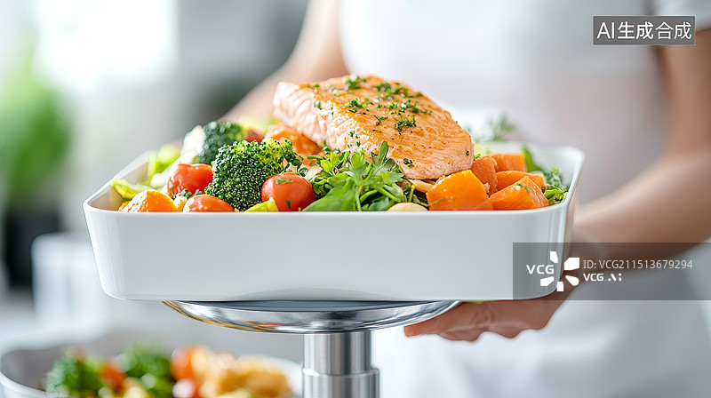 【AI数字艺术】厨房中的健康蔬菜沙拉称重图片素材