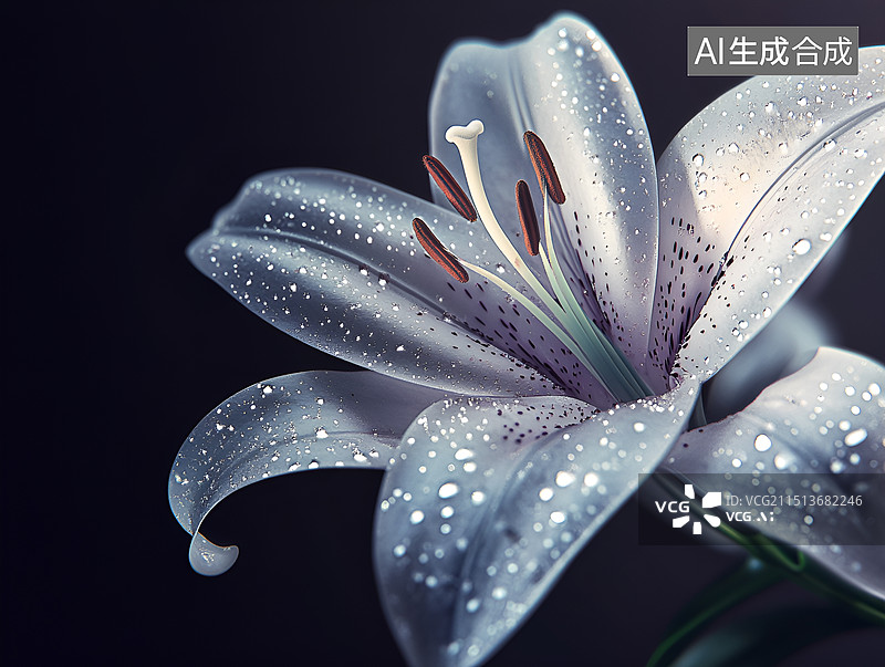 【AI数字艺术】黑色背景下带露珠的白百合花图片素材