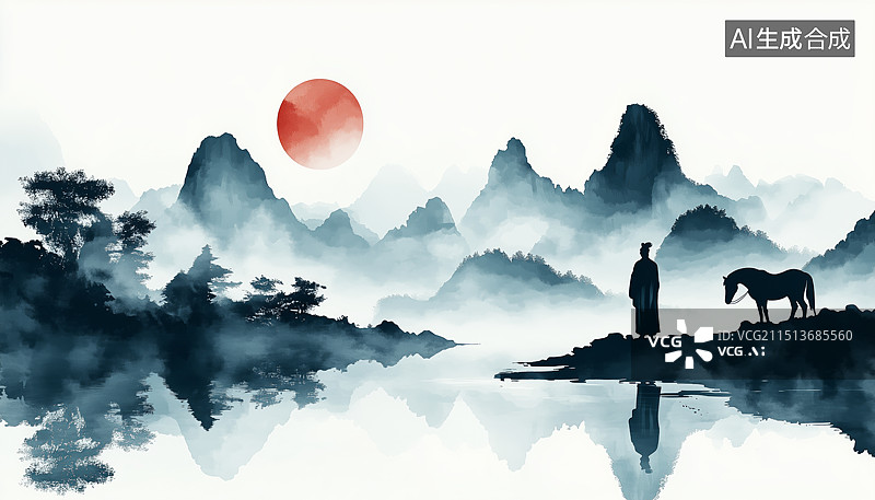 【AI数字艺术】黑白山水画，马背上的侠客图片素材