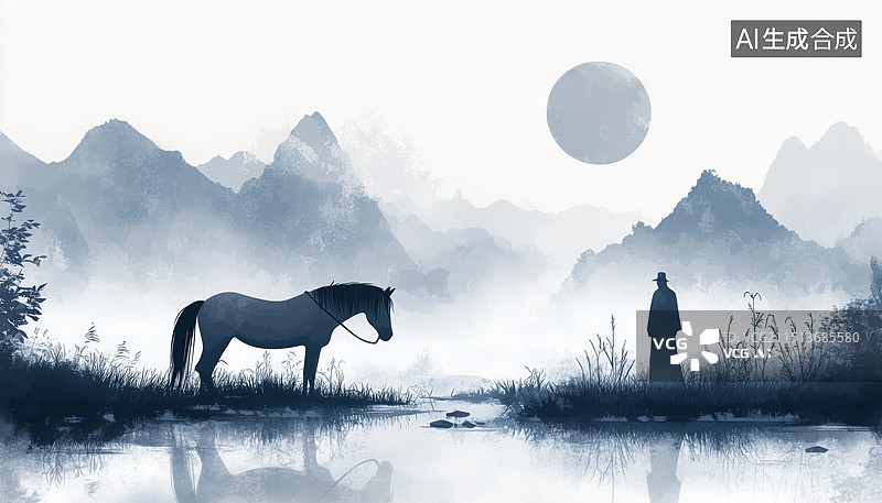 【AI数字艺术】黑白山水画，马背上的侠客图片素材