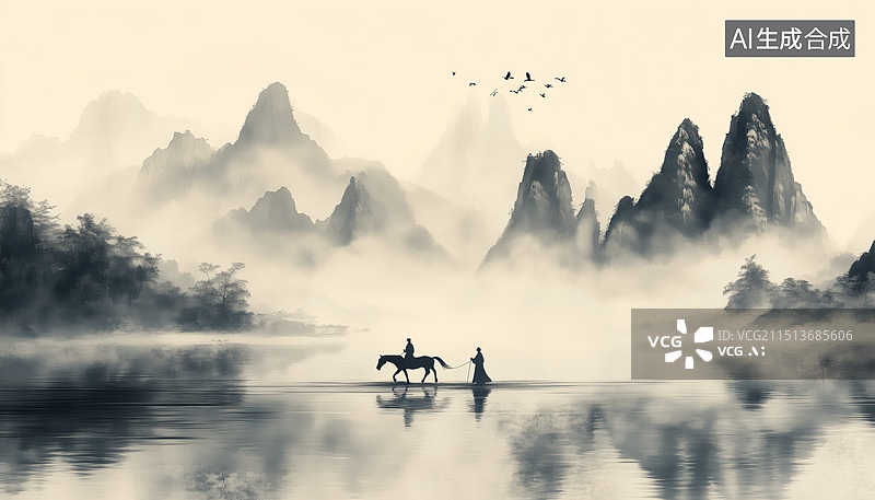 【AI数字艺术】黑白山水画，马背上的侠客图片素材