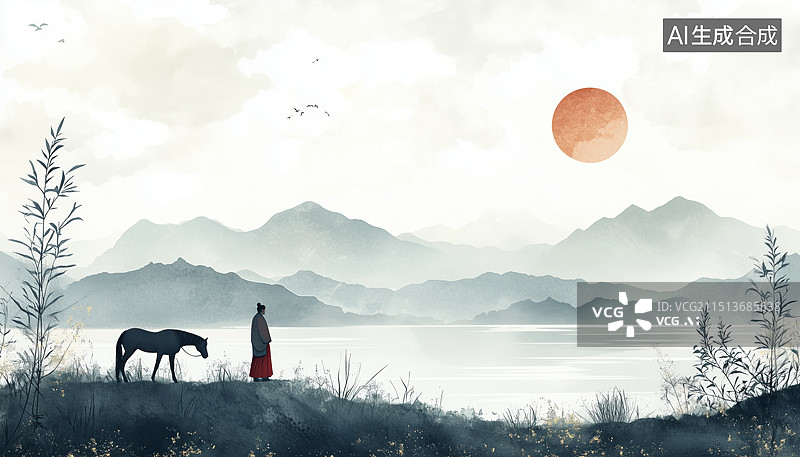【AI数字艺术】黑白山水画，马背上的侠客图片素材