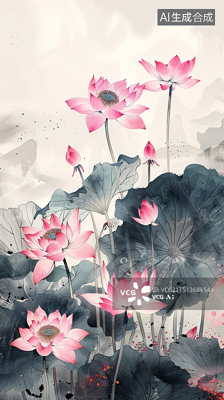 【AI数字艺术】写意荷花山水图图片素材