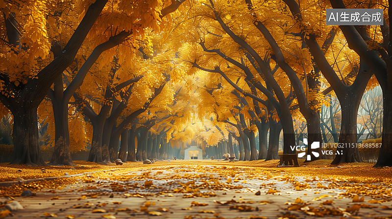 【AI数字艺术】金色的树木与公路形成一幅秋季美景，有留白，适合做为背景图图片素材