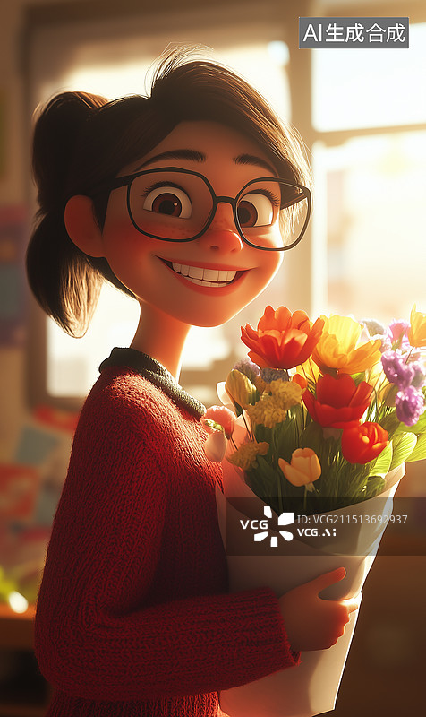 【AI数字艺术】9月10日 感恩教师节3D渲染插画 教室学生给老师献花 女老师手握花束  卡通插画图片素材