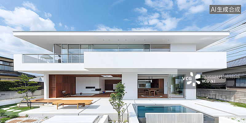 【AI数字艺术】现代白色住宅带泳池和露台图片素材