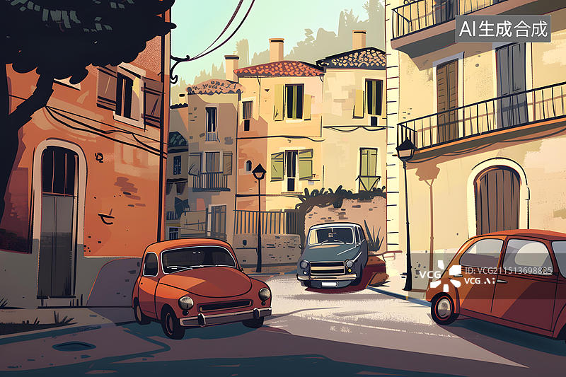 【AI数字艺术】欧洲小镇狭窄街道上的复古汽车图片素材
