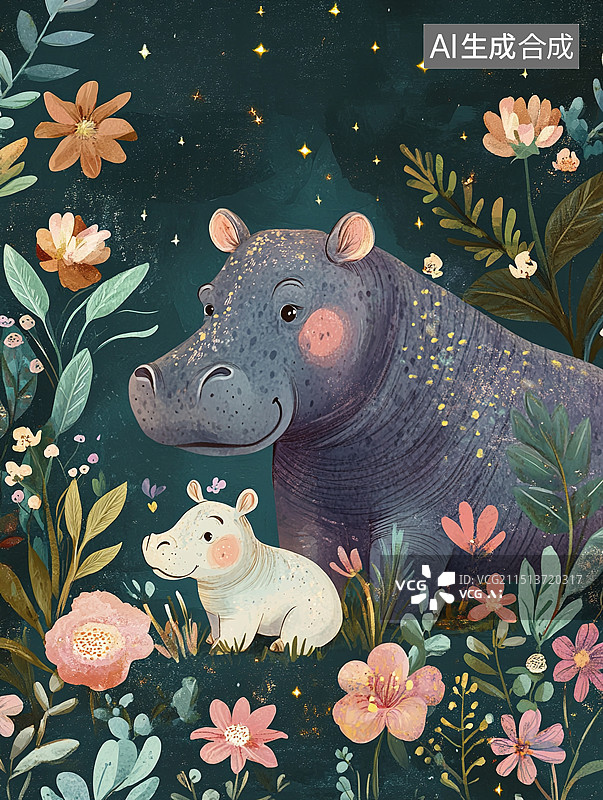 【AI数字艺术】相拥而眠的河马图片素材
