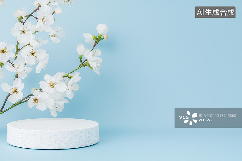 【AI数字艺术】蓝色背景白色花展台图片素材