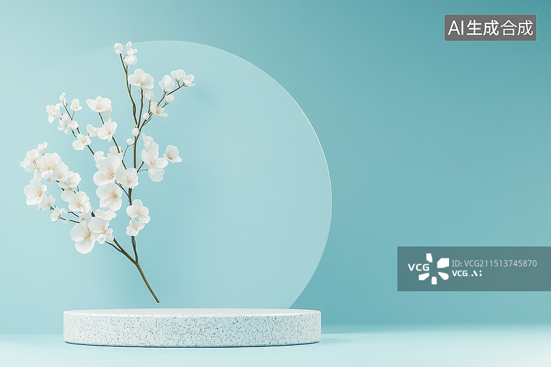 【AI数字艺术】蓝色背景白色花展台图片素材