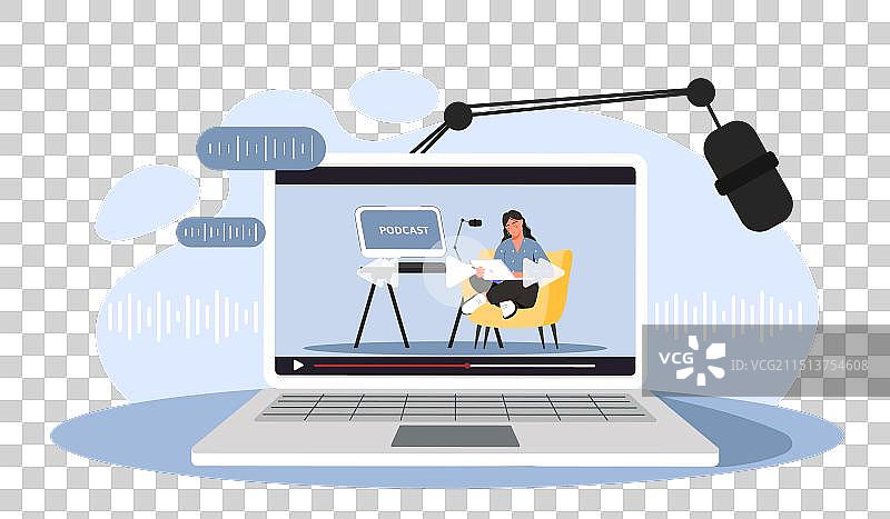 用笔记本电脑和麦克风录制播客的女人图片素材