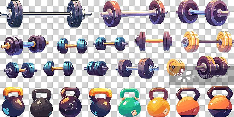 卡通哑铃、壶铃和重型杠铃图片素材