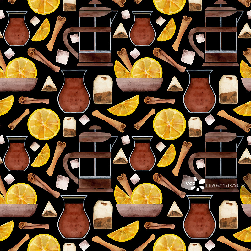 手绘水彩茶具柠檬土耳其茶图片素材