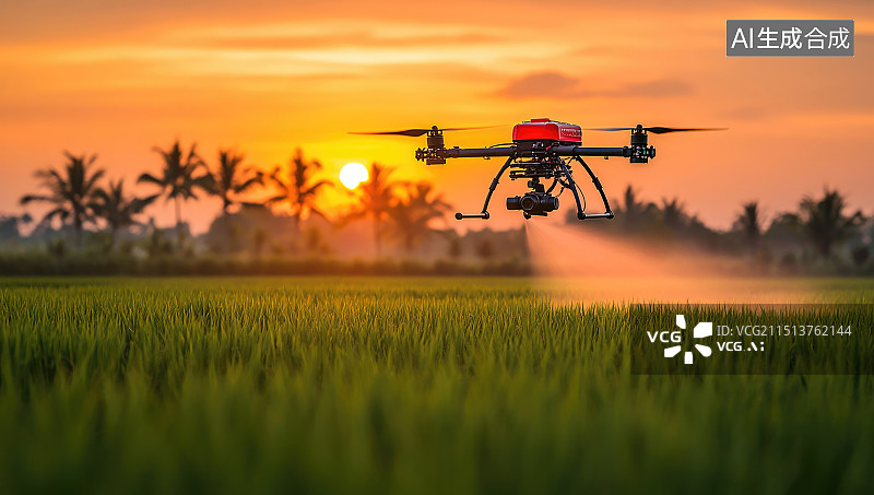【AI数字艺术】田野里飞行的农业喷洒无人机图片素材