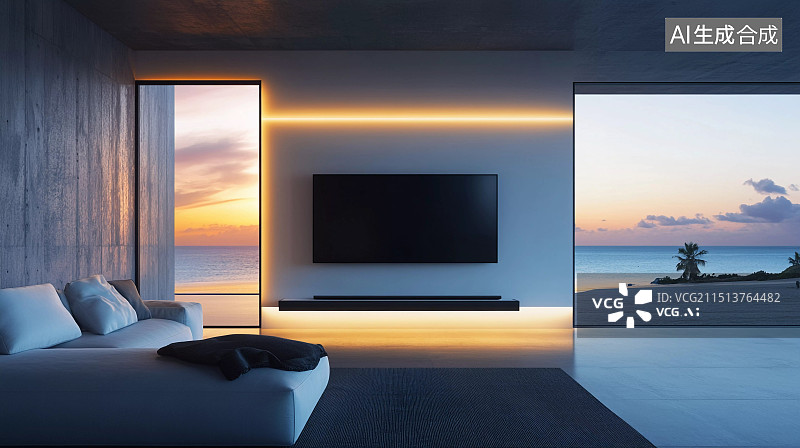 【AI数字艺术】带落地窗和电视的海边别墅客厅图片素材