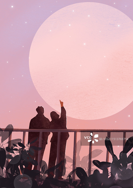 和你天台一起看月亮剪影风景插画图片素材