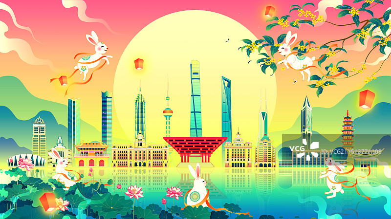 上海城市天际线国潮中秋节插画图片素材