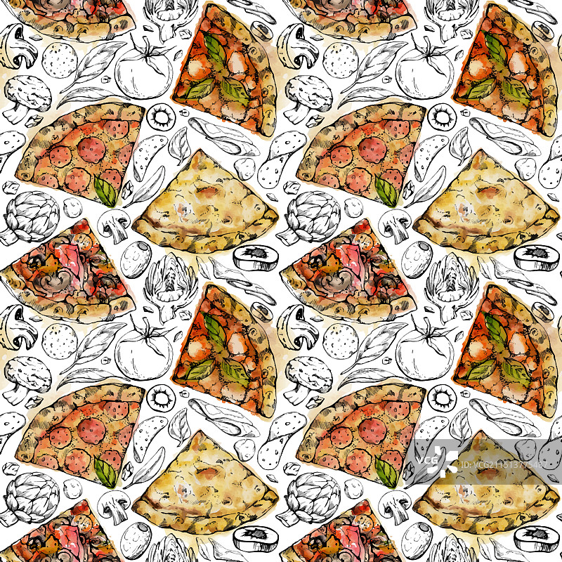 手绘水彩墨水披萨切片图片素材