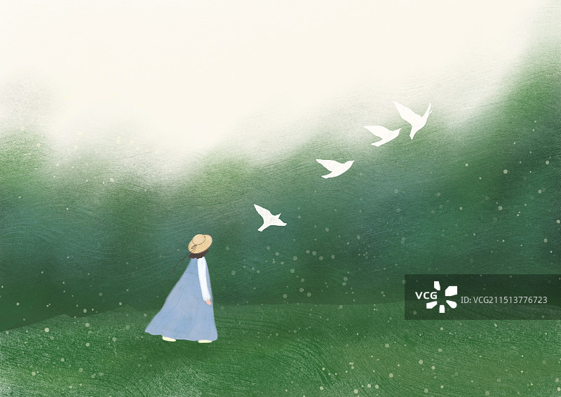 迷雾森林里的女孩与白鸽风景插画图片素材