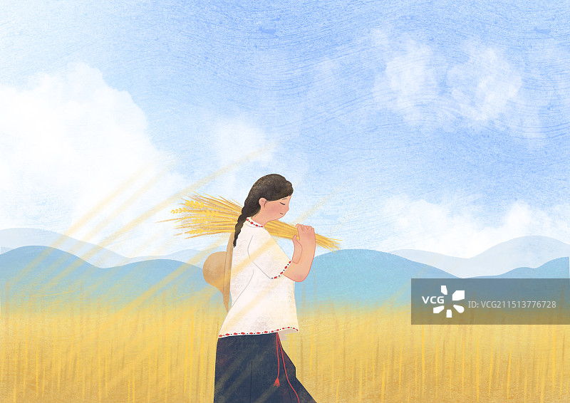 麦田里的民族少女风景插画图片素材