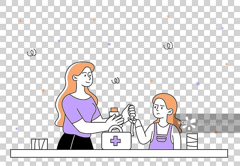 受伤的女孩，母亲帮助她的女儿图片素材