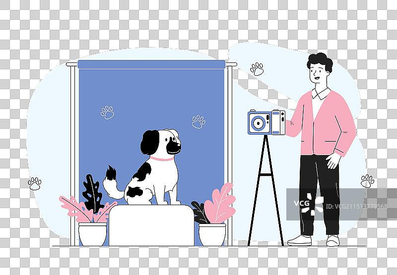 男人用相机给狗拍照图片素材