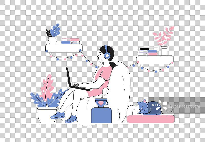女人用笔记本电脑休息，女孩坐在蒲团上图片素材