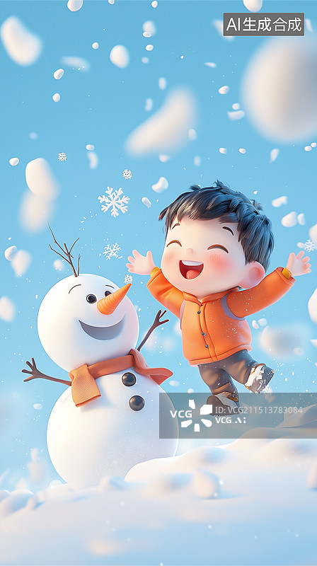 【AI数字艺术】小朋友冬天堆雪人图片素材