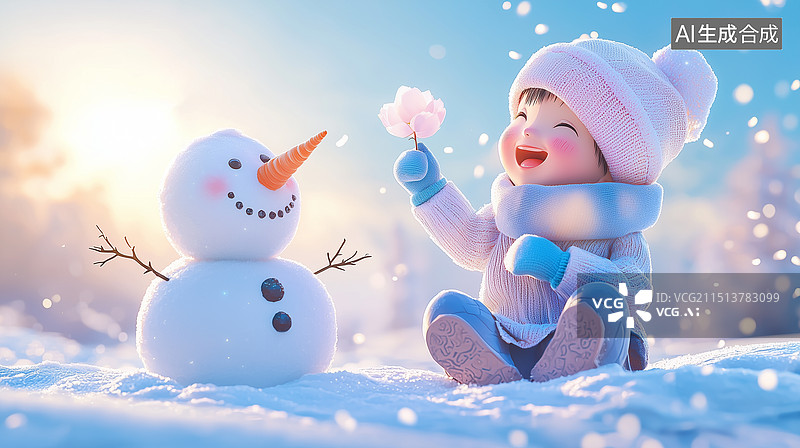 【AI数字艺术】小朋友冬天堆雪人图片素材