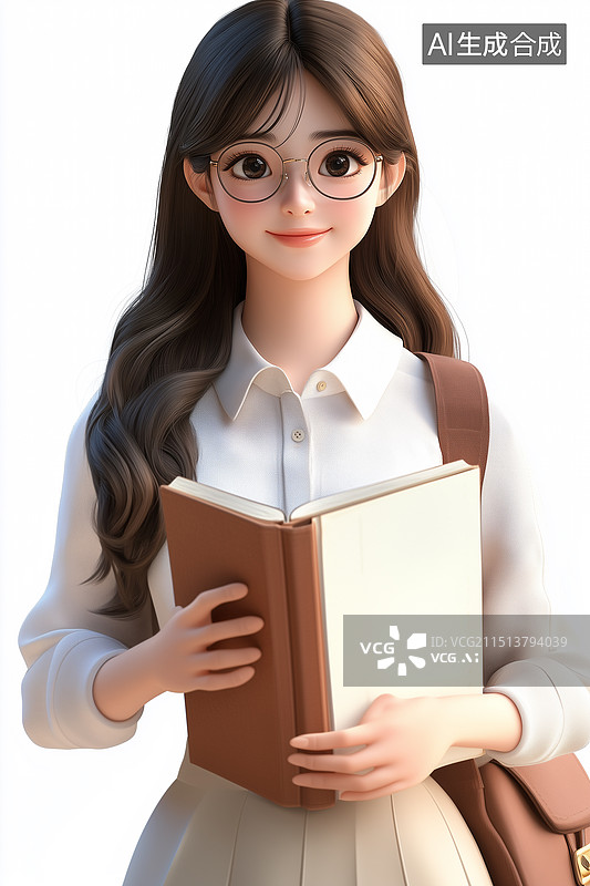 【AI数字艺术】拿着书本翻看的年轻女人  3D 渲染的免抠人物元素，上学的学生 漂亮的年轻女老师 人物插画图片素材