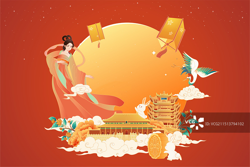 中秋月圆夜嫦娥插画图片素材