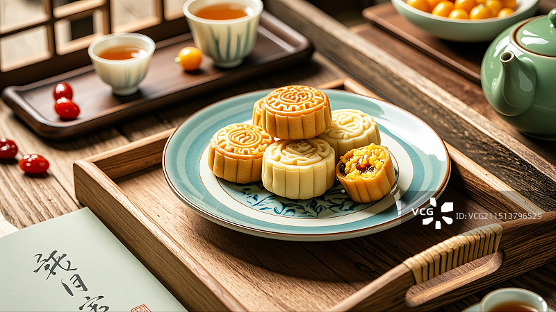 桌子上有一个盘子，中式茶点，中景，虚实结合，中国风，画面明亮，周围有茶具图片素材