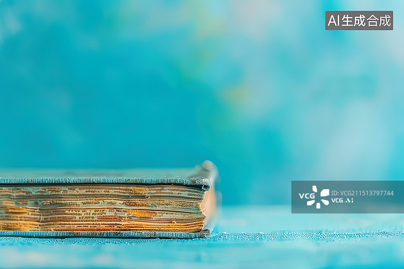 【AI数字艺术】蓝色背景下桌上一本旧书籍的特写镜头图片素材
