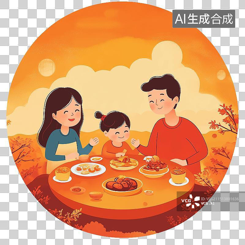 【AI数字艺术】国潮风年俗插画 一家人围着吃年夜饭 中秋节团圆饭 圆形插画图片素材