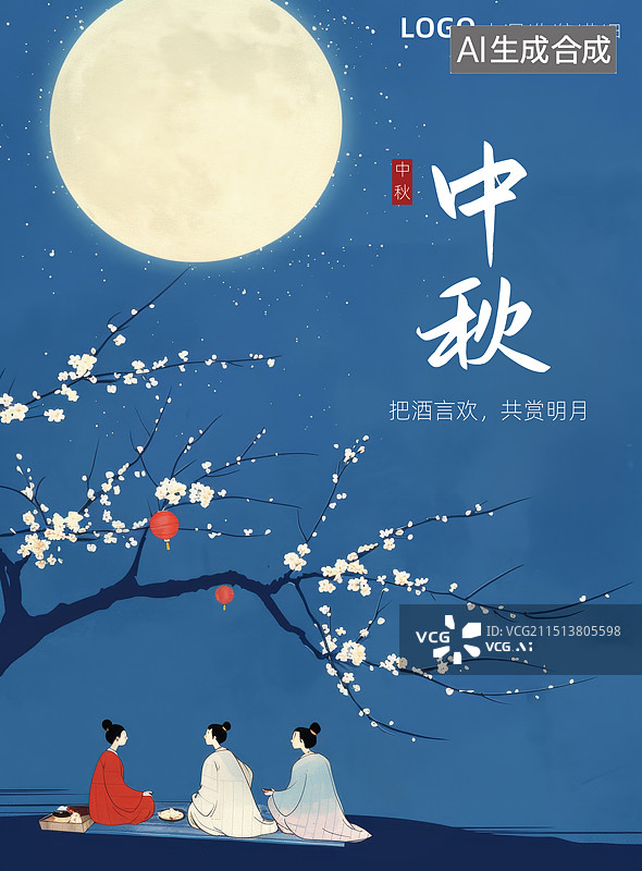 【AI数字艺术】中秋国风古风桂花树下古人赏月海报图片素材