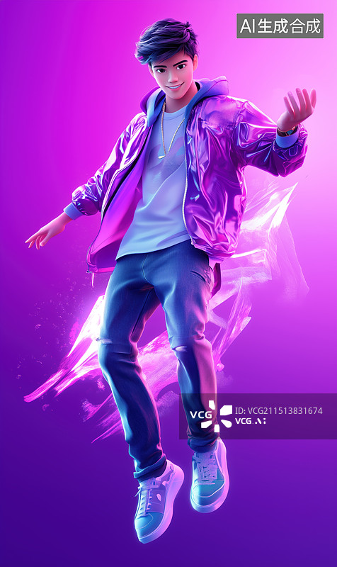 【AI数字艺术】一个时尚紫衣男青年漂浮在空中图片素材