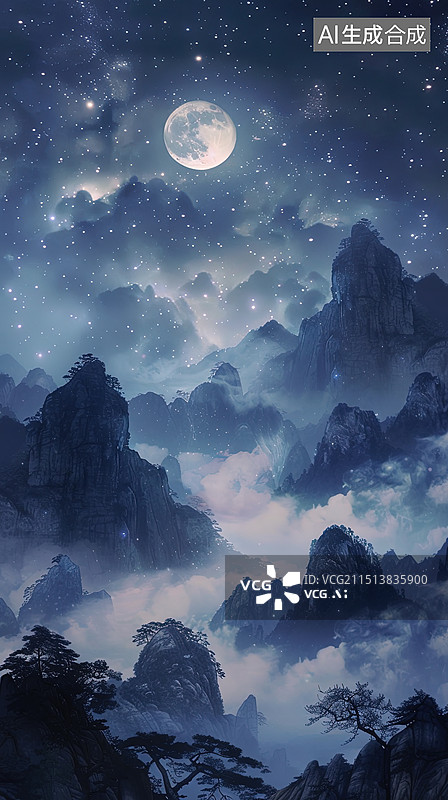 【AI数字艺术】一轮圆月和群山图片素材