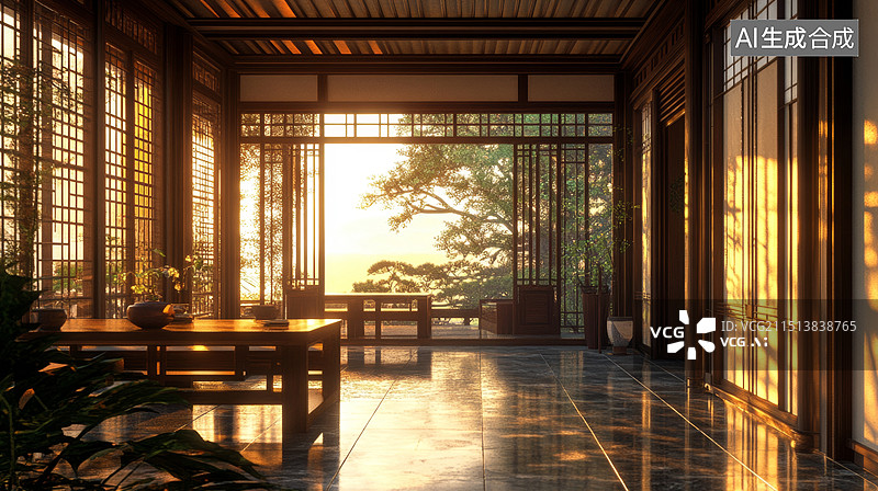 【AI数字艺术】中式茶室古典园林建筑样板间图片素材