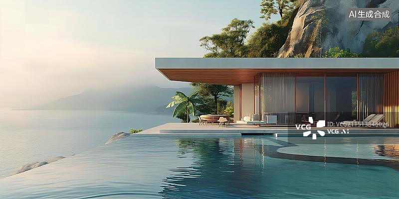 【AI数字艺术】简约的斯堪的纳维亚设计风格位于热带海边悬崖之上的豪华别墅背景图片素材