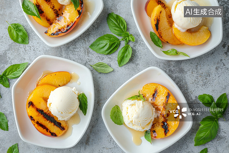 【AI数字艺术】烤桃子与香草冰淇淋的夏日甜点图片素材