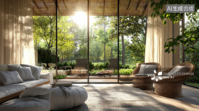 【AI数字艺术】现代庭院中的户外阳台与绿色植物图片素材
