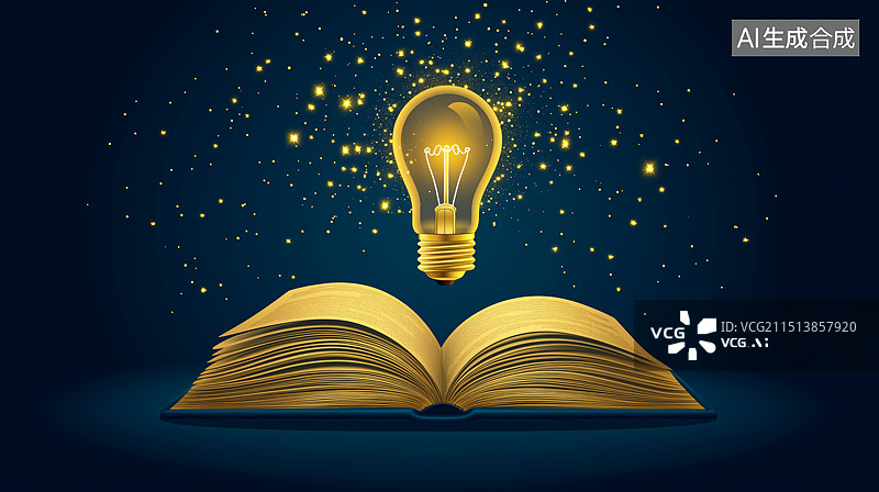 【AI数字艺术】知识之光：书籍与灯泡的象征意义图片素材