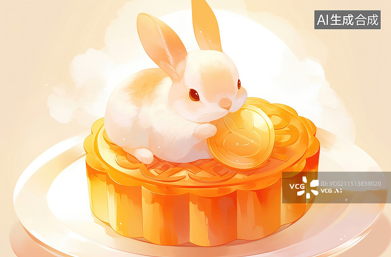 【AI数字艺术】中秋节月兔和月饼的可爱风格插画图片素材