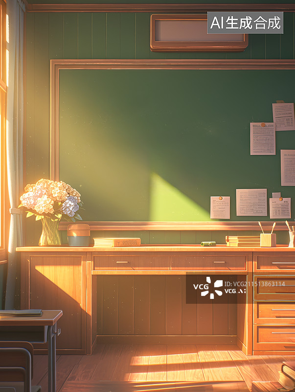 【AI数字艺术】教师黑板桌子鲜花3D图片素材