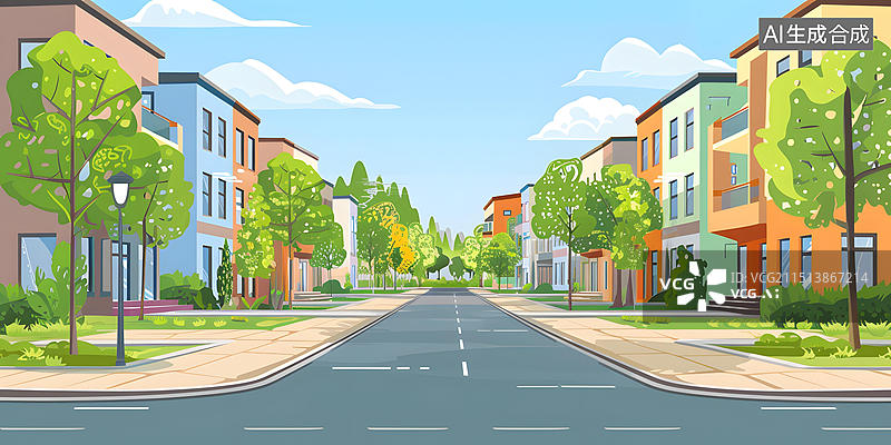 【AI数字艺术】色彩鲜艳的郊区街道景观，绿树蓝天图片素材