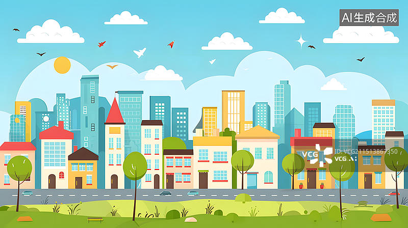【AI数字艺术】卡通城市景观，绿草如茵，树木繁茂图片素材